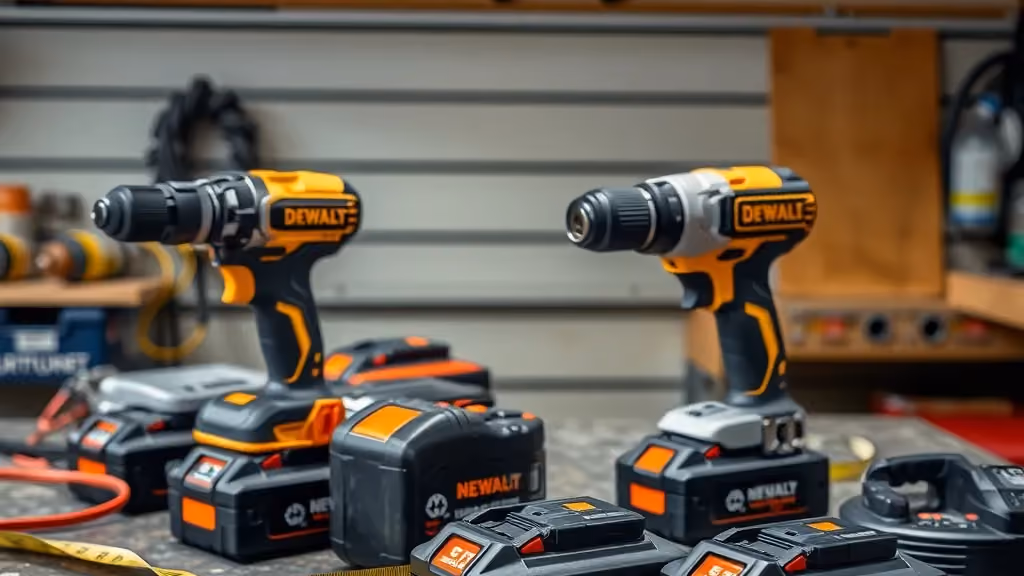 Cordless tools and batteries on a workbench