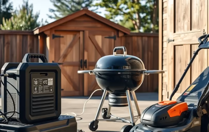 Portable power station, grill and mower on a backyard patio